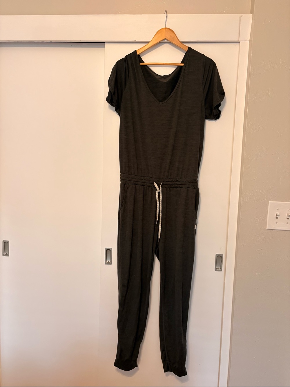 Vuori Black V-Neck Short Sleeve Jumpsuit with Drawstring